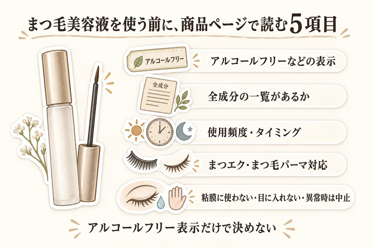 まつ毛美容液を使う前に商品ページで確認する5項目として、アルコールフリーなどの表示、全成分の一覧、使用頻度・タイミング、まつエク・まつ毛パーマ対応、粘膜に使わない・目に入れない・異常時は中止する注意事項を示し、アルコールフリー表示だけで決めないことを伝える図