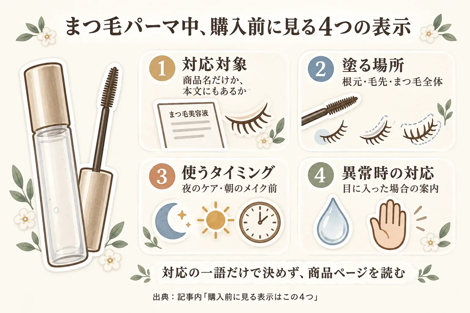 まつ毛パーマ中に購入前に見る4つの表示として、対応対象が商品名だけか本文にもあるか、塗る場所が根元・毛先・まつ毛全体か、使うタイミングが夜のケア・朝のメイク前か、異常時の対応として目に入った場合の案内があるかを示す図。対応の一語だけで決めず商品ページを読むよう案内している。出典：記事内「購入前に見る表示はこの4つ」