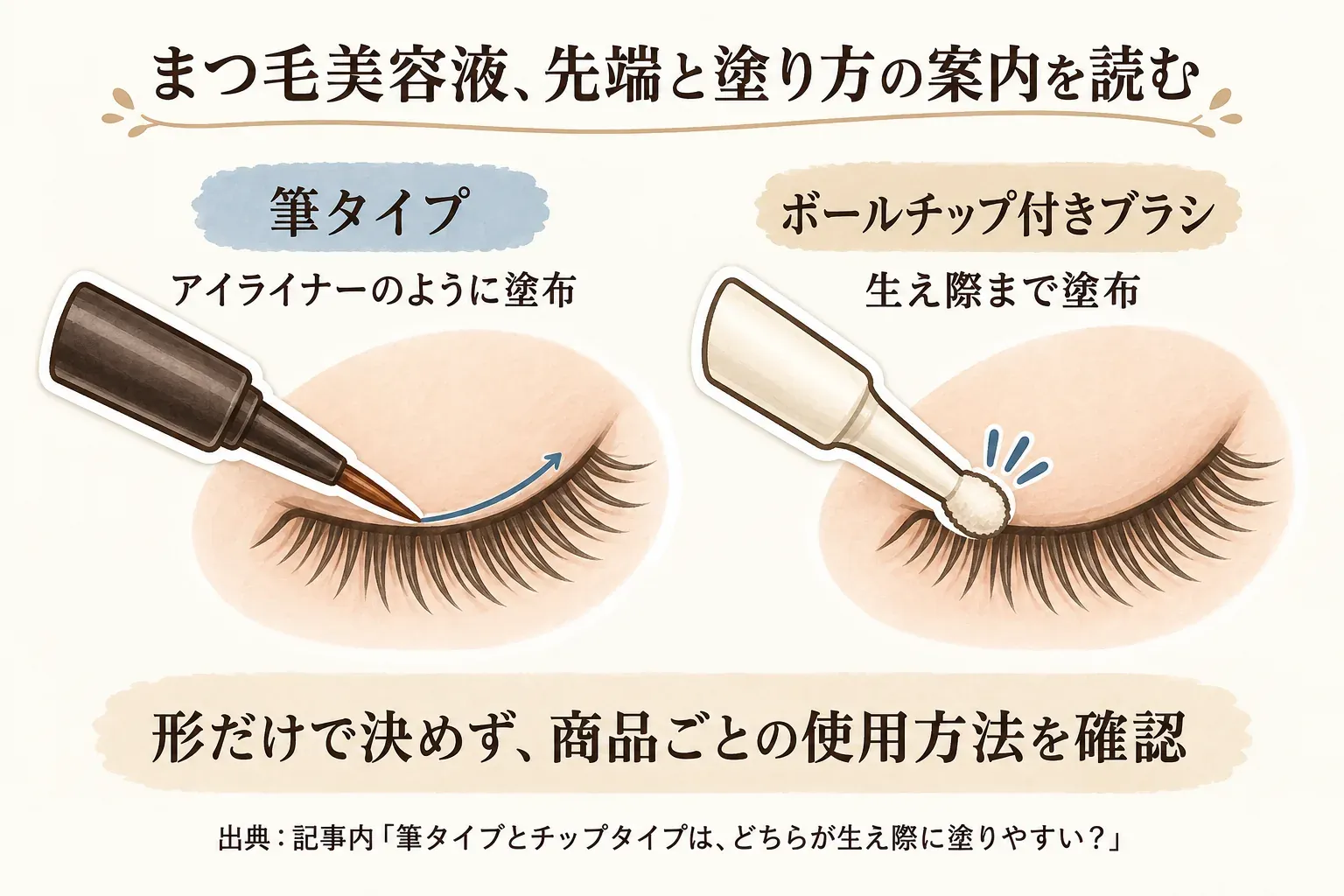 まつ毛美容液の筆タイプはアイライナーのように生え際へ塗布し、ボールチップ付きブラシは生え際まで塗布する様子を並べ、形だけで決めず商品ごとの使用方法を確認するよう示す図。出典：記事内「筆タイプとチップタイプは、どちらが生え際に塗りやすい？」
