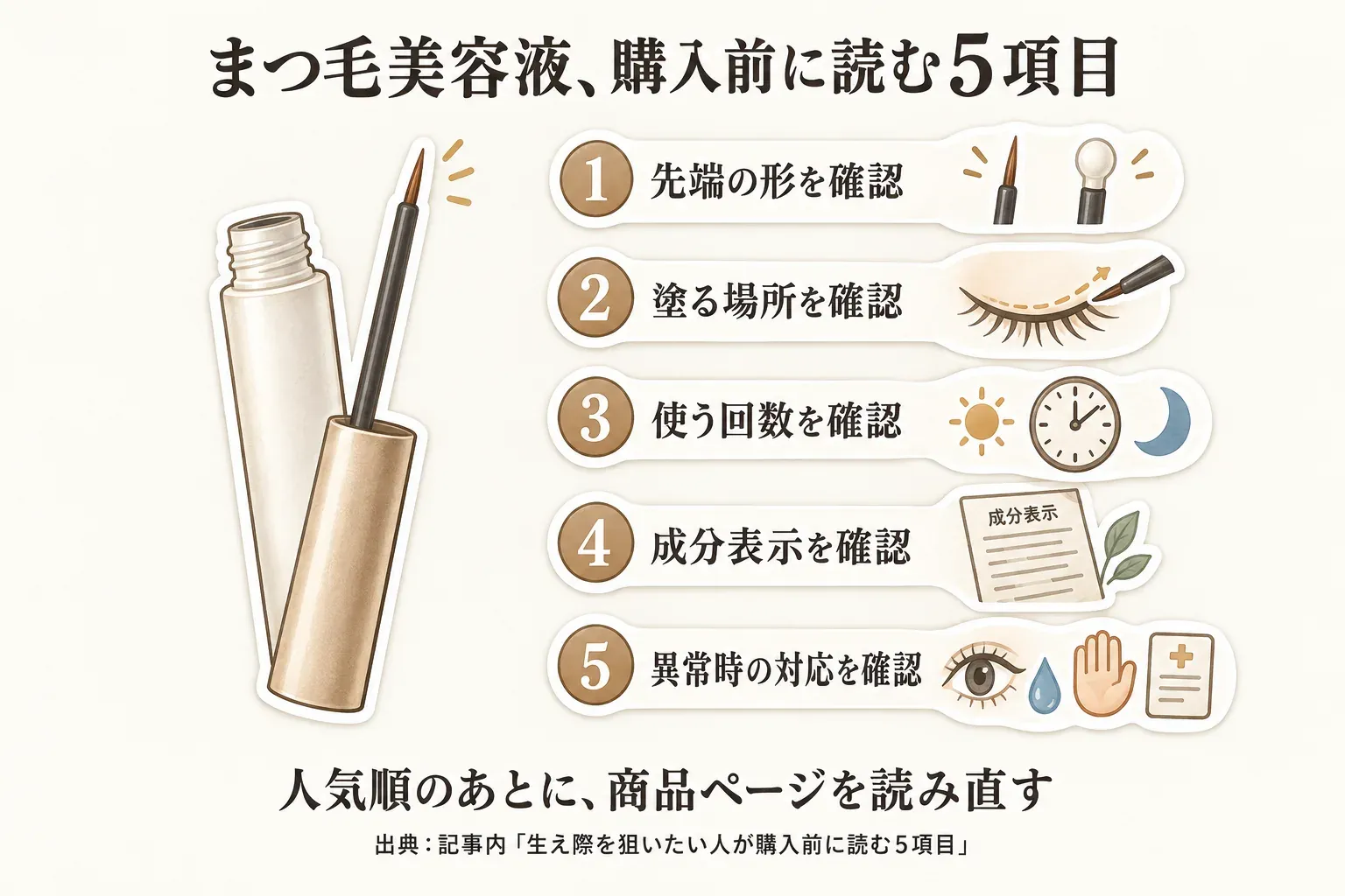まつ毛美容液の購入前に確認する5項目として、先端の形、塗る場所、使う回数、成分表示、異常時の対応を示し、人気順のあとに商品ページを読み直すよう案内する図。出典：記事内「生え際を狙いたい人が購入前に読む5項目」