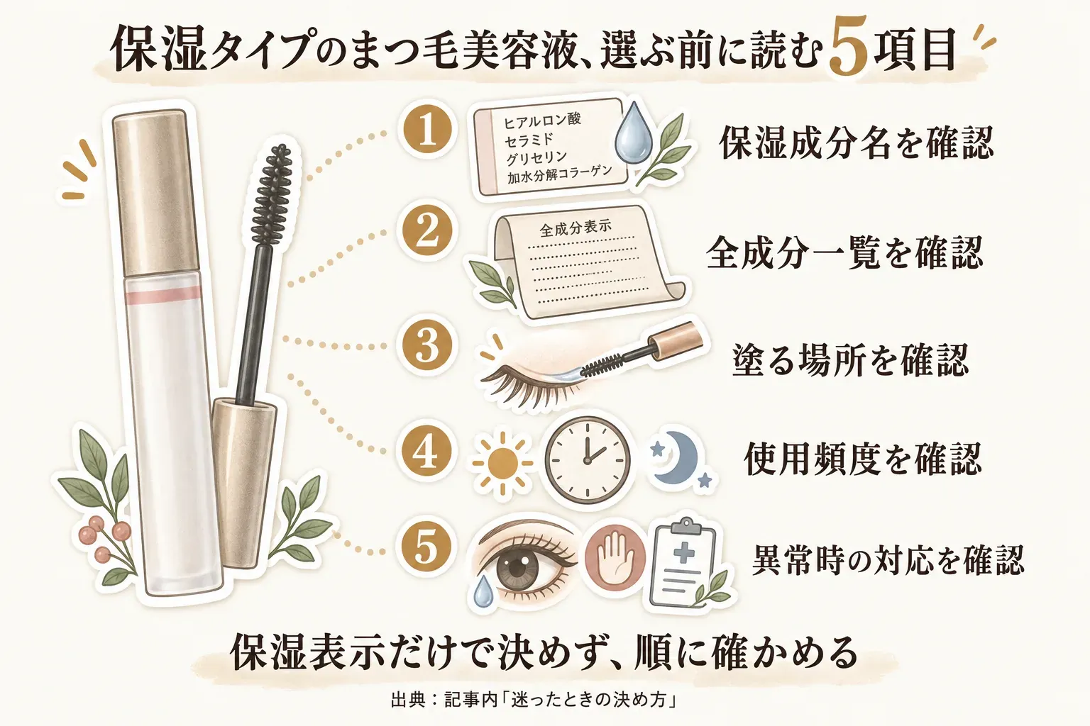 保湿タイプのまつ毛美容液を選ぶ前に読む5項目として、保湿成分名、全成分一覧、塗る場所、使用頻度、異常時の対応を順に確認し、保湿表示だけで決めないことを示す図。出典：記事内「迷ったときの決め方」