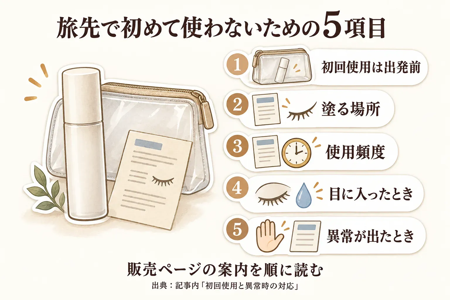 旅先でまつ毛美容液を初めて使わないための5項目を示した図。初回使用は出発前、塗る場所、使用頻度、目に入ったとき、異常が出たときの順に販売ページの案内を確認する。出典：記事内「初回使用と異常時の対応」