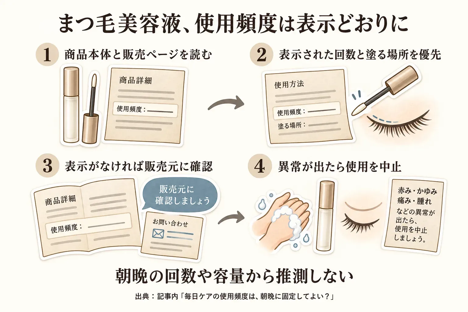 まつ毛美容液の使用頻度を確認する順番として、商品本体・販売ページで1日何回・いつ使うかを読む、表示があれば回数と塗布場所に従う、表示がなければ容量から推測せず販売元に確認する、目に入れず異常時は使用を中止するという4段階を示す図。出典：記事内「毎日ケアの使用頻度は、朝晩に固定してよい？」および厚生労働省の注意事項
