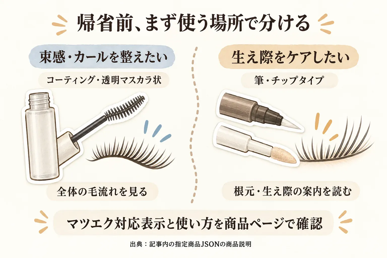 帰省前に使う場所で商品を分ける図。束感・カールを整えたい場合はコーティング・透明マスカラ状で全体の毛流れを見て、生え際をケアしたい場合は筆・チップタイプで根元・生え際の案内を読む。マツエク対応表示と使い方を商品ページで確認するよう示している。出典：記事内の指定商品JSONの商品説明